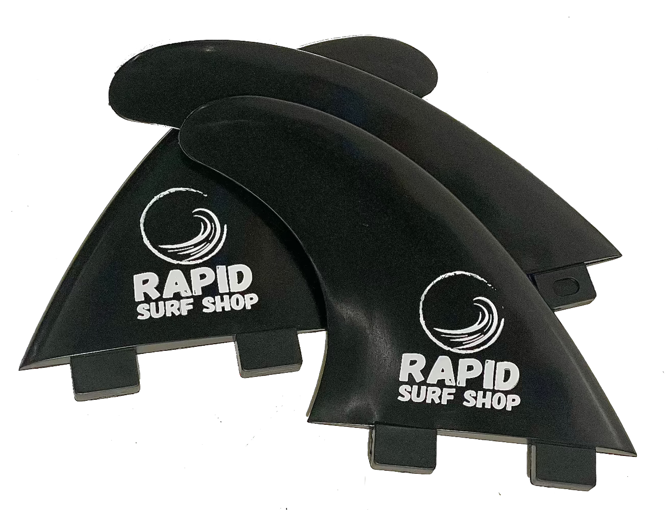 3 schwarze Surfboard Seitenfinnen mit Rapid Surfshop Logo 